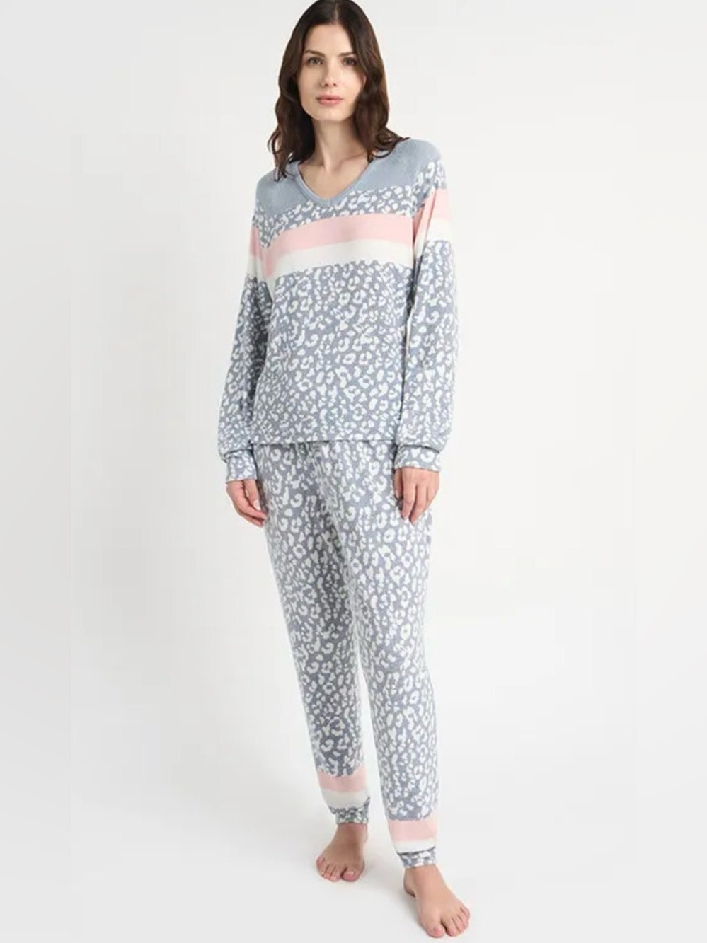 PJ Salvage Grey & Pink Leopard-Print Women's Pajama Set
